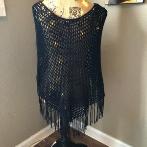 Black Crochet Shawl with Fringe